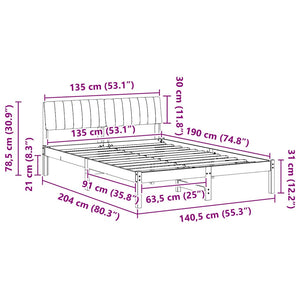 Sängram med huvudgavel Vit och ljusgrå 135 x 190 cm Massiv furu
