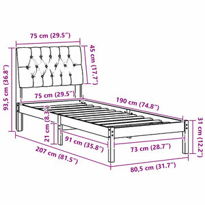 Sängram med Klädd Huvudgavel Vit 75 x 190 cm Massiv furu