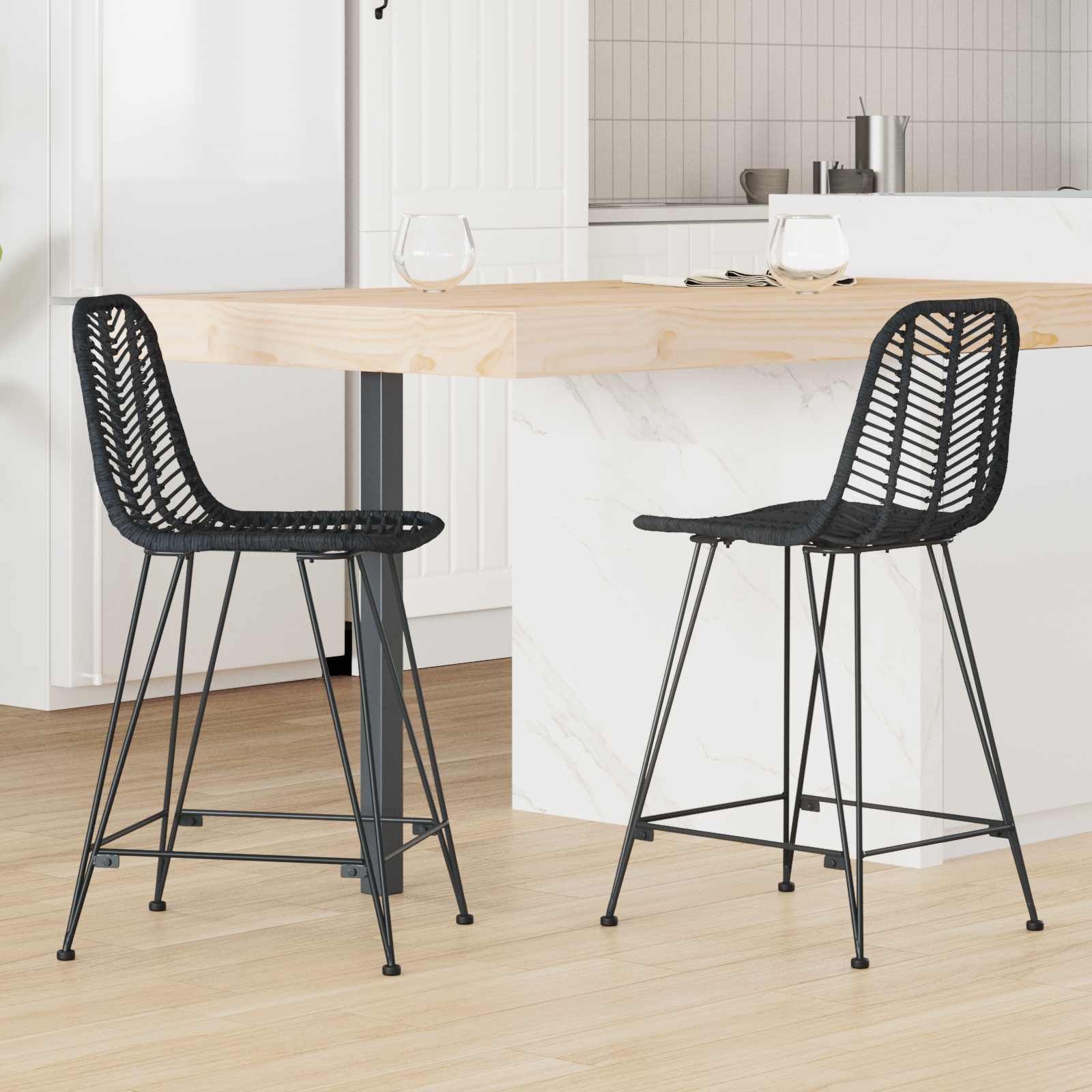 Barstol 2 st Svart 44,5 x 54,5 x 97,5 cm Rattan och Järn