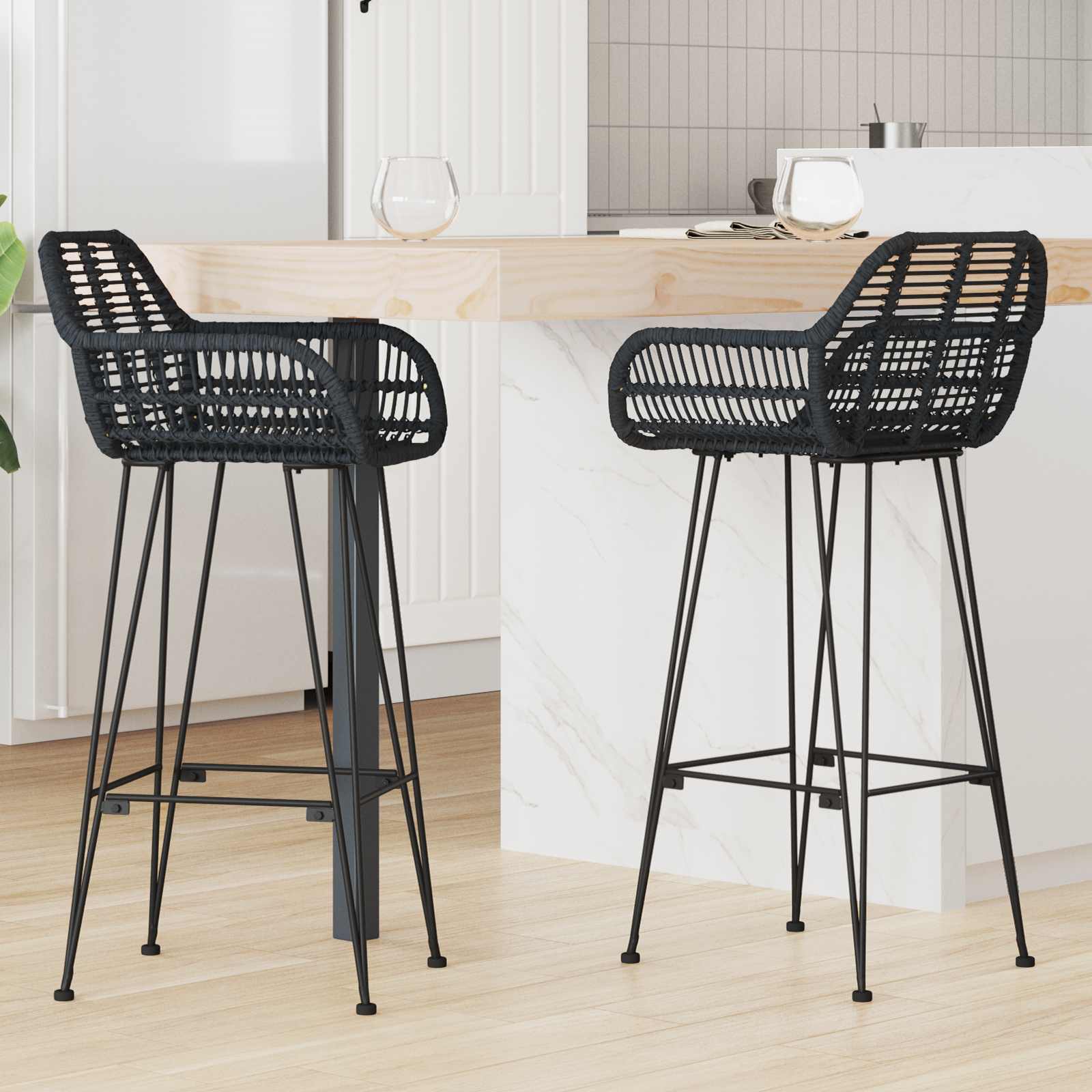 Barstol 2 st Svart 55 x 52 x 105 cm Rattan och Järn