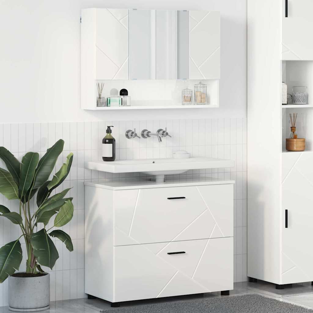Badrumsmöbelset med låda med hylla 2 pcs Högblanka vita