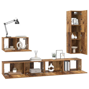 TV-bänkset med låda 4 pcs Gammalt trä Konstruerat trä