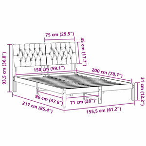Sängram med Klädd Huvudgavel Vit 150 x 200 cm Massiv furu