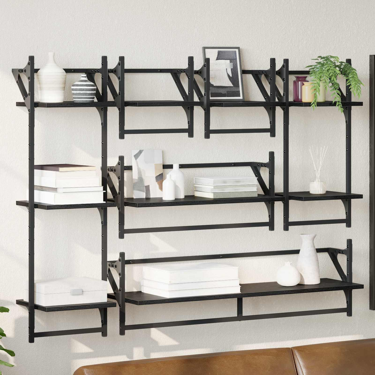 Vägghyllset 6 st Svart Ek 100 x 25 x 30 cm Konstruerat trä
