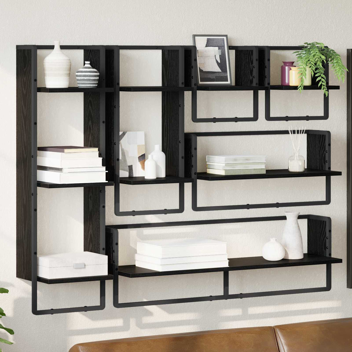 Vägghyllset 6 st Svart Ek 100 x 25 x 30 cm Konstruerat trä