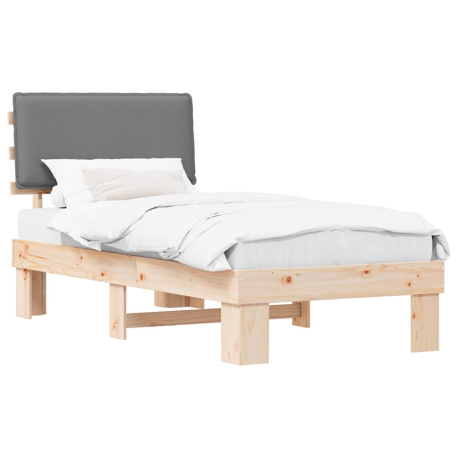 Sängram med Klädd Huvudgavel Ljusgrå 80 x 200 cm Massiv furu