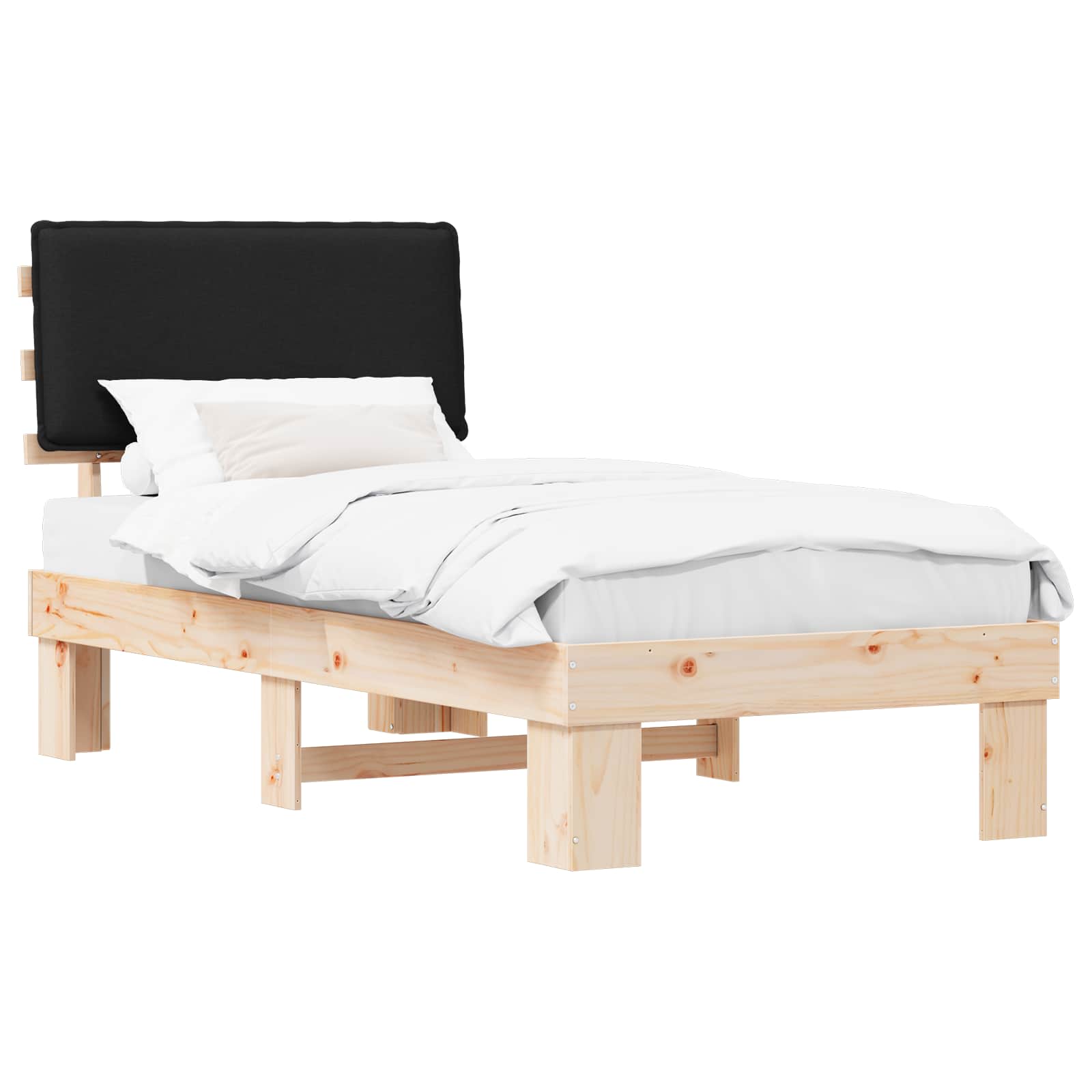 Sängram med Klädd Huvudgavel Svart 90 x 190 cm Massiv furu