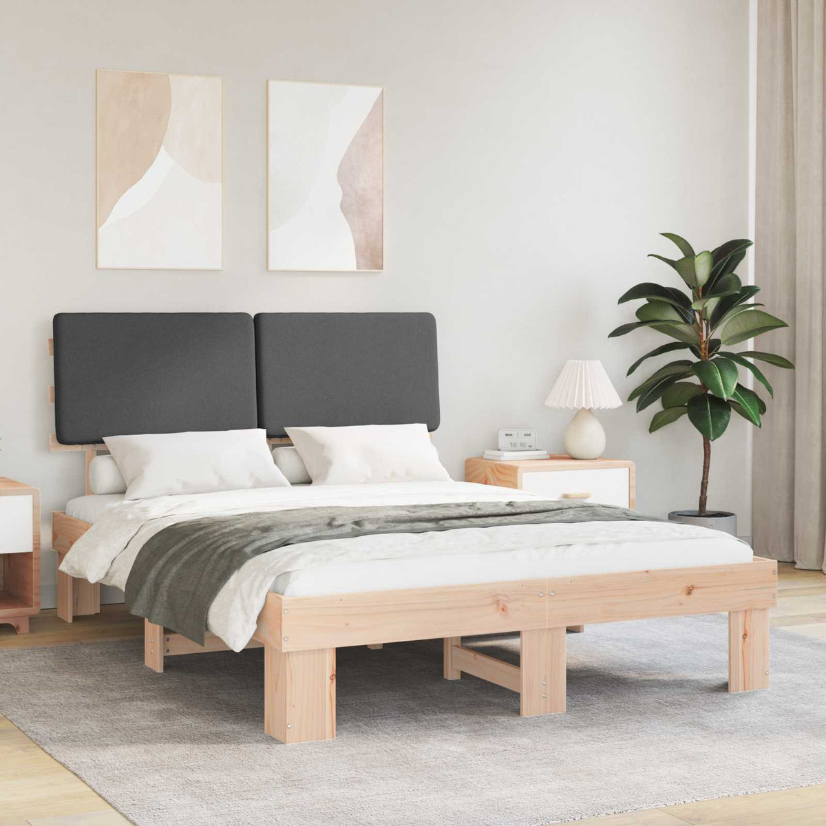 Sängram med Klädd Huvudgavel Mörkgrå 140 x 190 cm Massiv furu