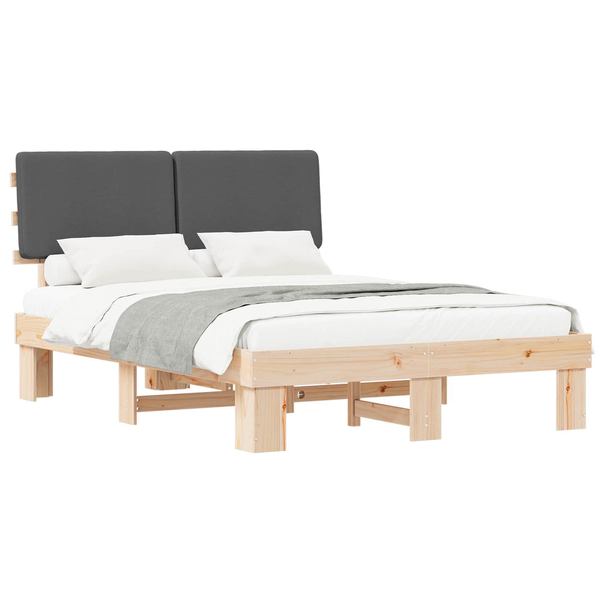 Sängram med Klädd Huvudgavel Mörkgrå 140 x 190 cm Massiv furu