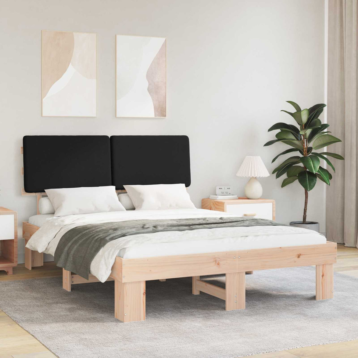 Sängram med Klädd Huvudgavel Svart 140 x 190 cm Massiv furu
