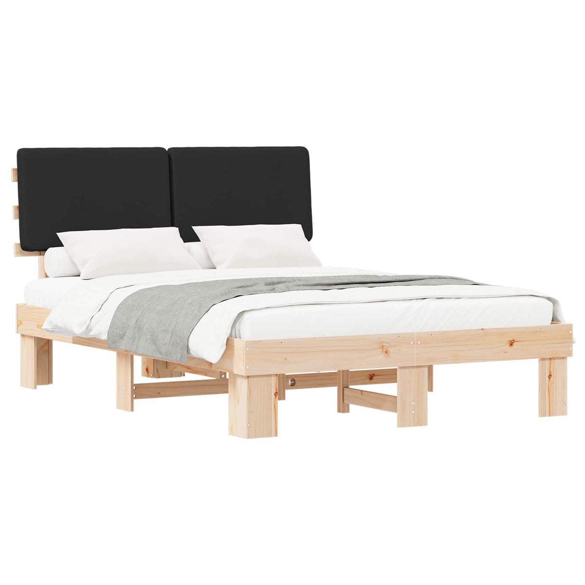Sängram med Klädd Huvudgavel Svart 140 x 190 cm Massiv furu