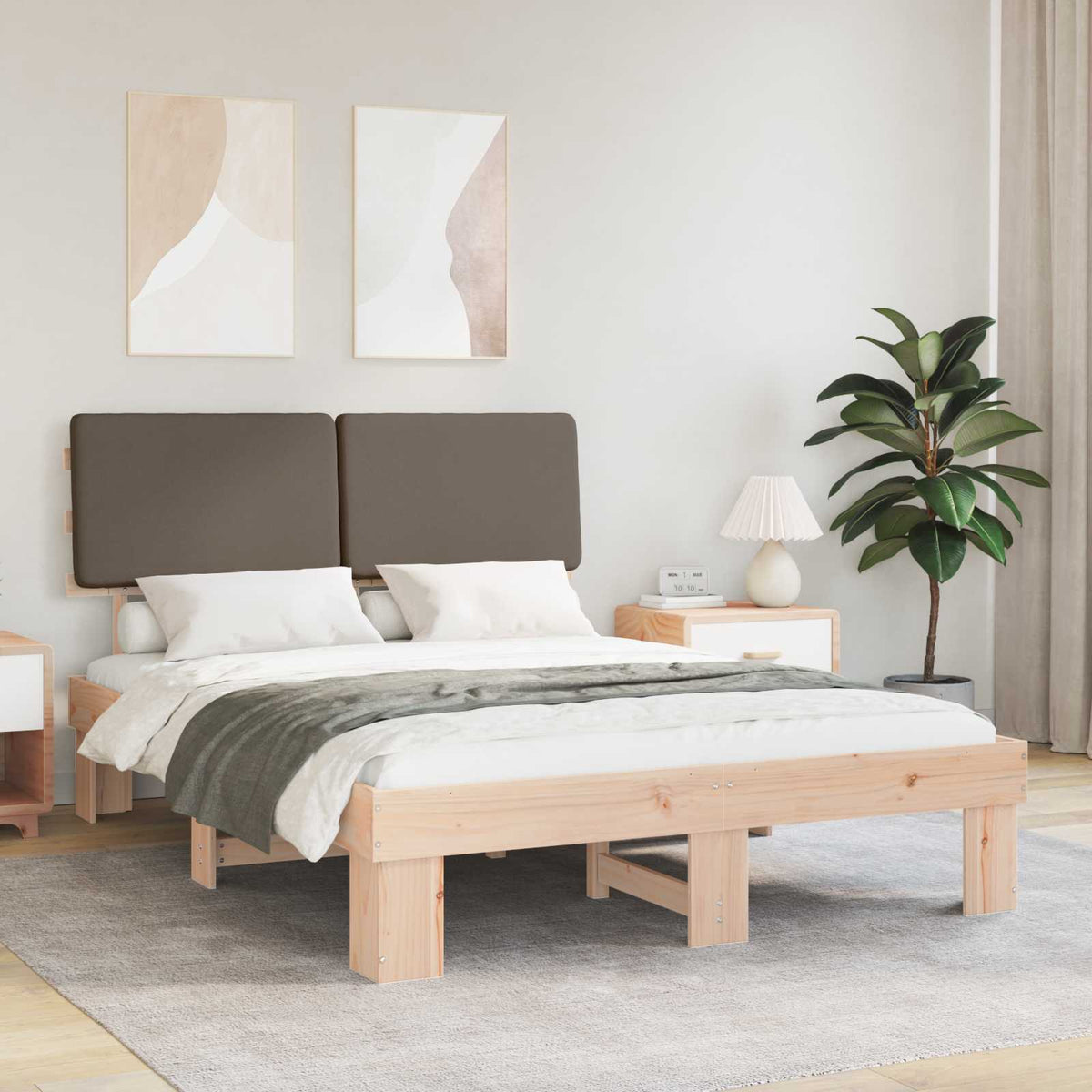 Sängram med Klädd Huvudgavel Taupe 140 x 190 cm Massiv furu