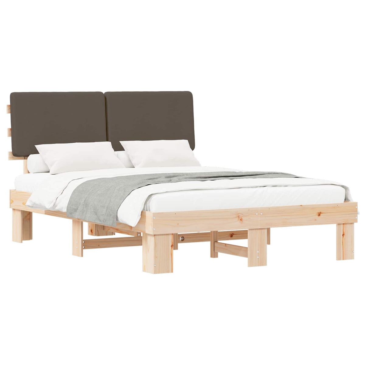 Sängram med Klädd Huvudgavel Taupe 140 x 190 cm Massiv furu