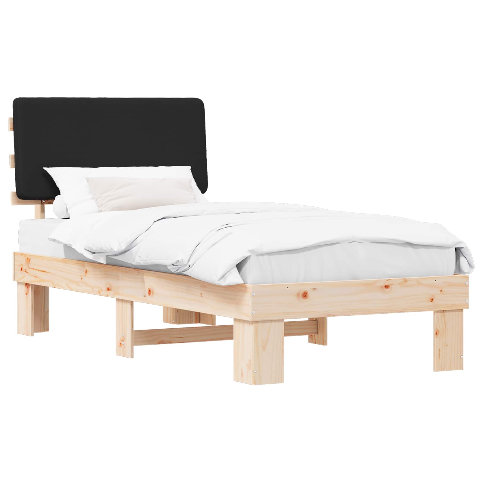 Sängram med Klädd Huvudgavel Svart 90 x 200 cm Massiv furu