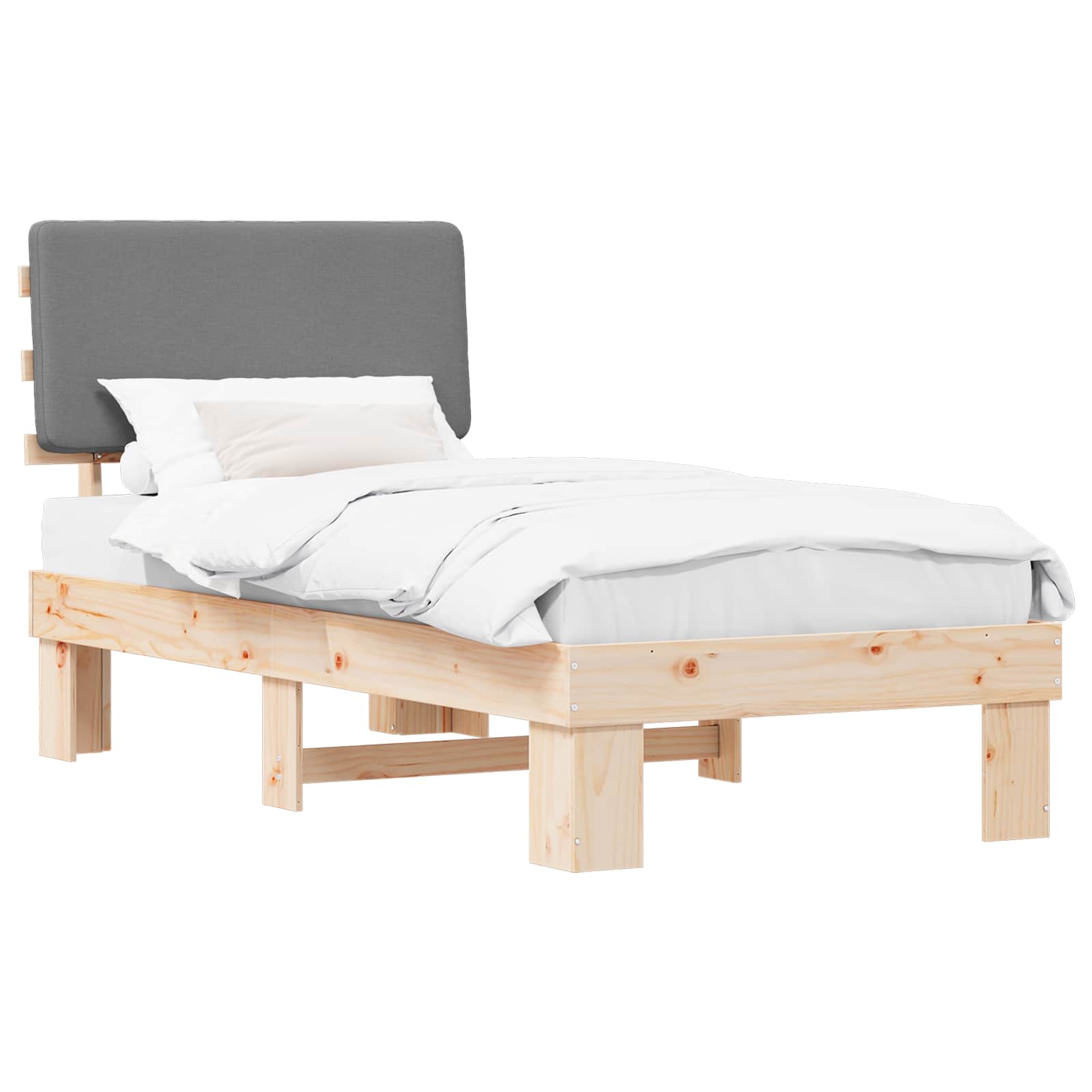 Sängram med Klädd Huvudgavel Ljusgrå 75 x 190 cm Massiv furu