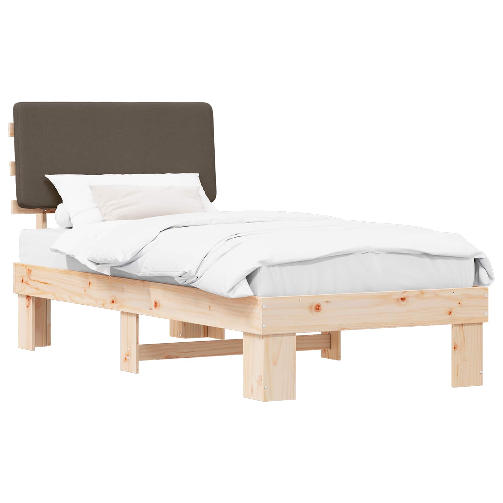 Sängram med Klädd Huvudgavel Taupe 75 x 190 cm Massiv furu