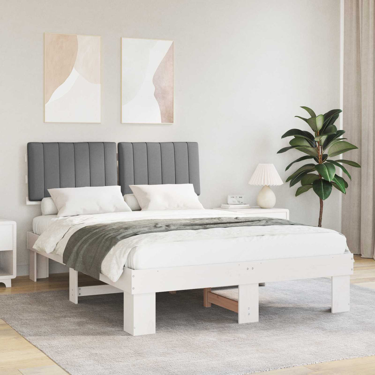 Sängram med Klädd Huvudgavel Ljusgrå 140 x 200 cm Massiv furu
