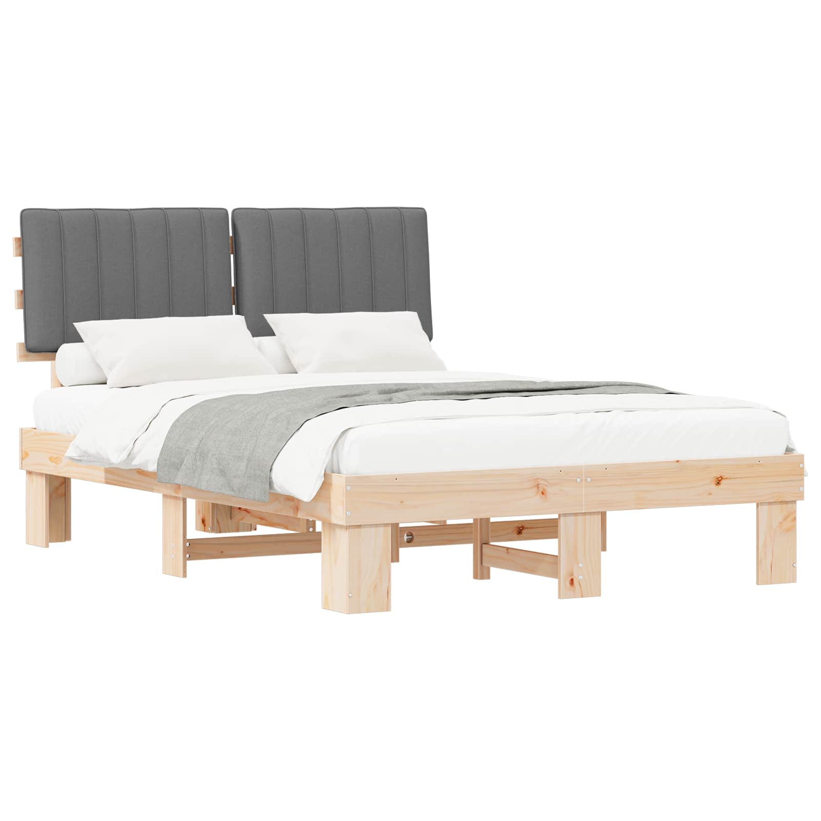 Sängram med Klädd Huvudgavel Ljusgrå 135 x 190 cm Massiv furu