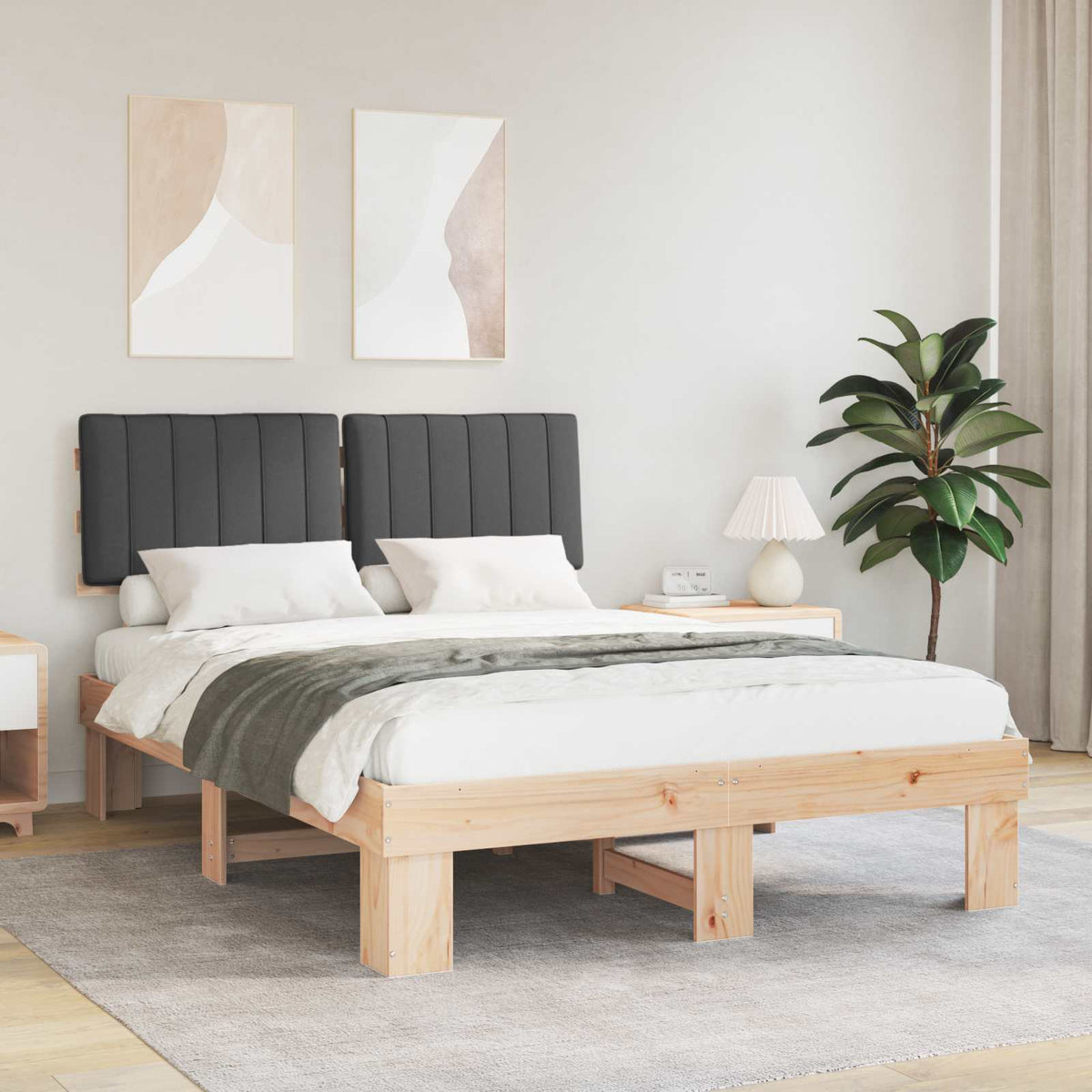 Sängram med Klädd Huvudgavel Mörkgrå 135 x 190 cm Massiv furu