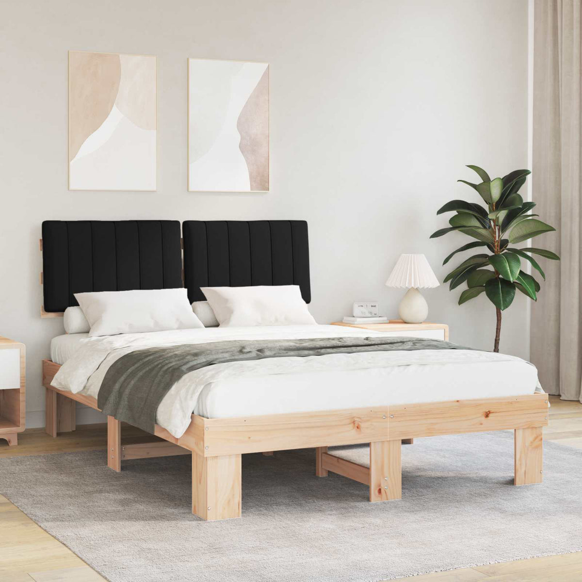 Sängram med Klädd Huvudgavel Svart 135 x 190 cm Massiv furu