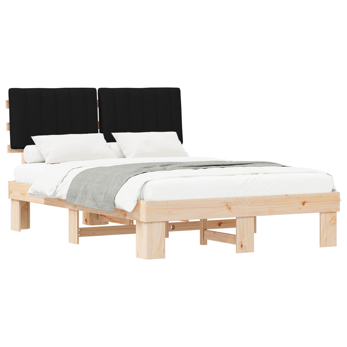 Sängram med Klädd Huvudgavel Svart 135 x 190 cm Massiv furu