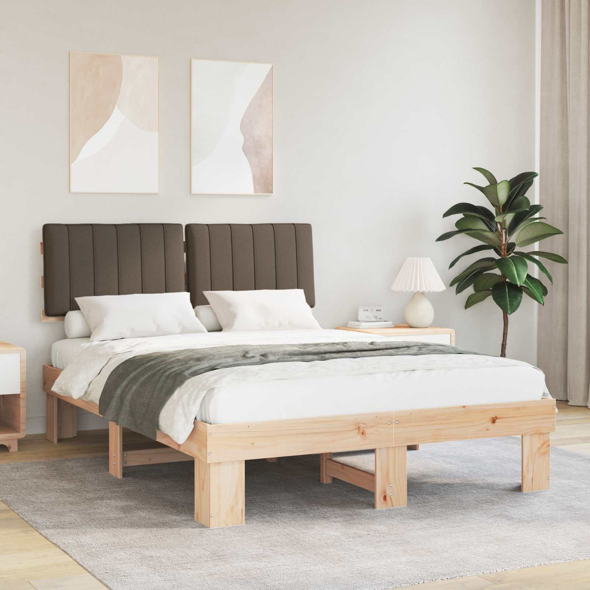 Sängram med Klädd Huvudgavel Taupe 135 x 190 cm Massiv furu