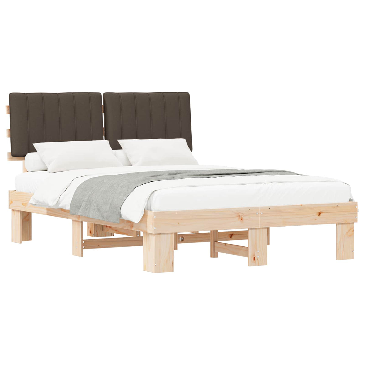 Sängram med Klädd Huvudgavel Taupe 135 x 190 cm Massiv furu