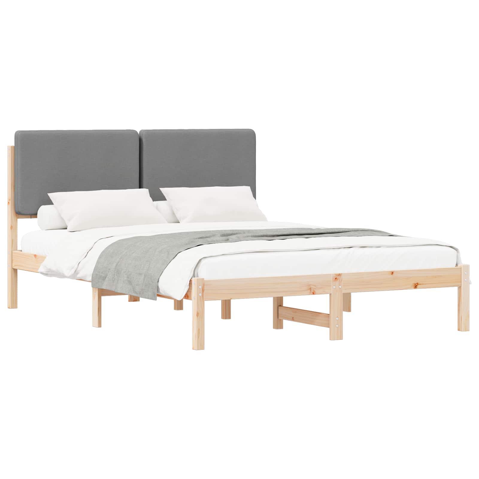 Sängram med Klädd Huvudgavel Ljusgrå 160 x 200 cm Massiv furu