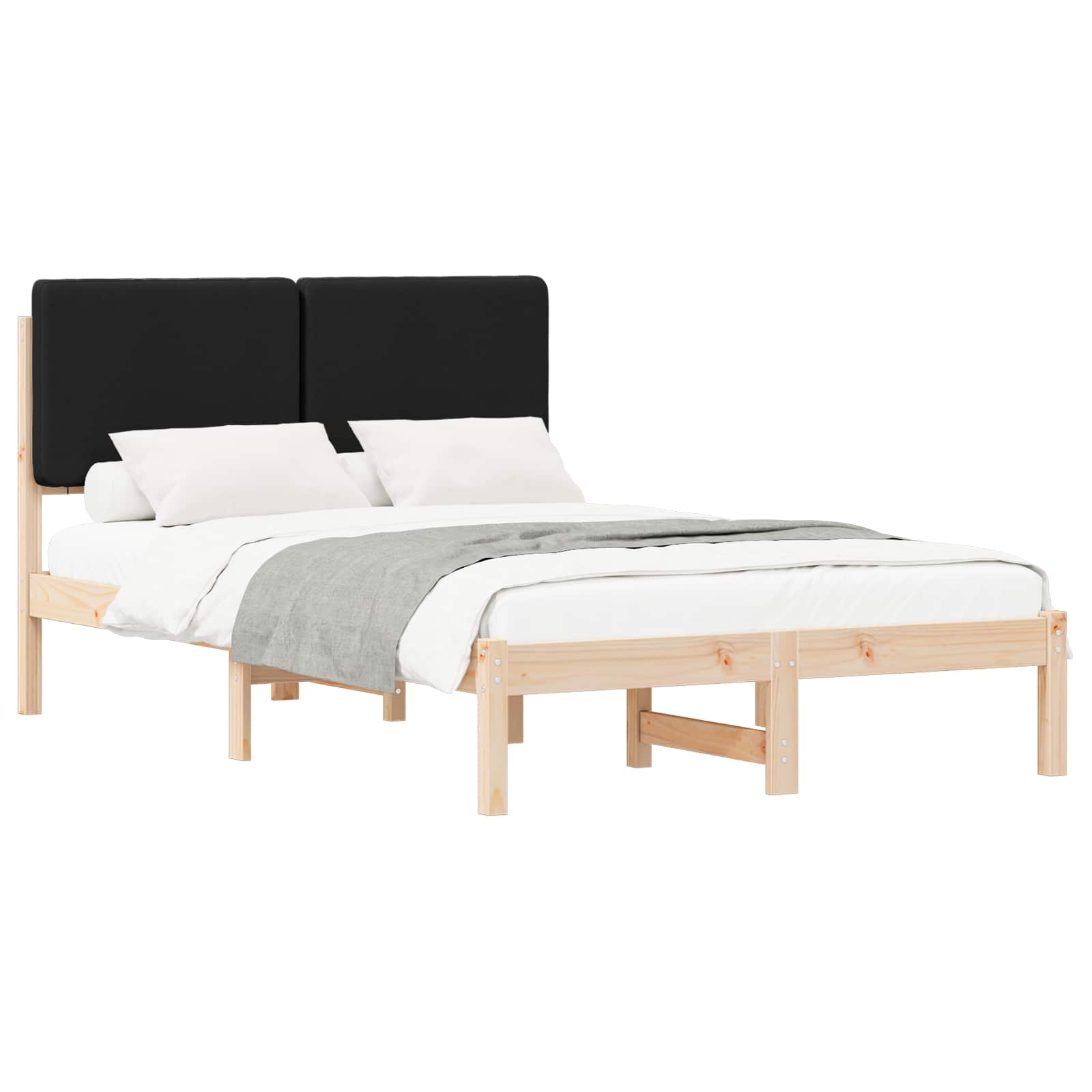 Sängram med Klädd Huvudgavel Svart 135 x 190 cm Massiv furu