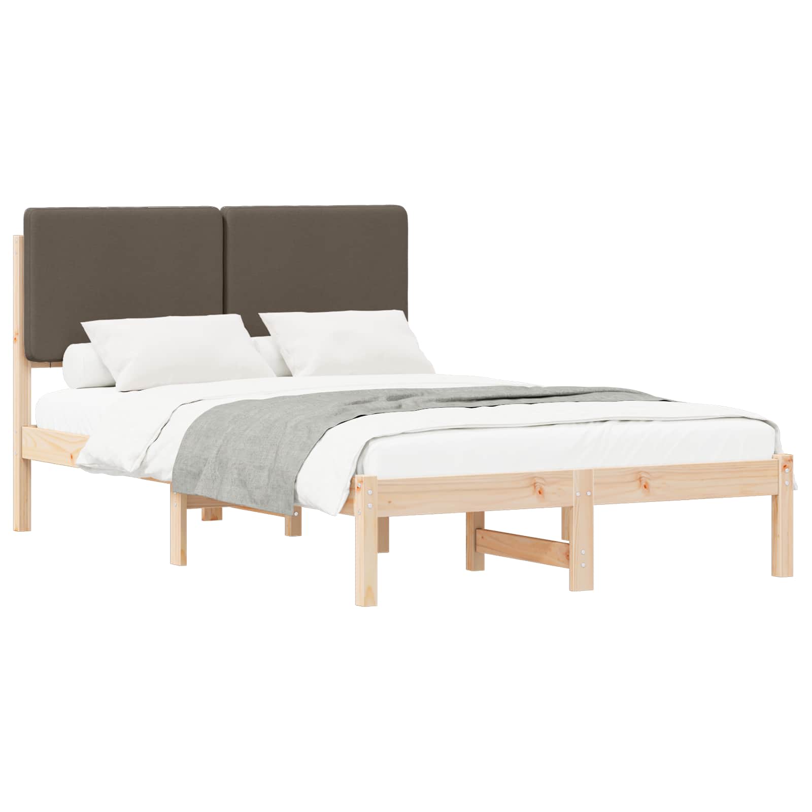 Sängram med Klädd Huvudgavel Taupe 135 x 190 cm Massiv furu