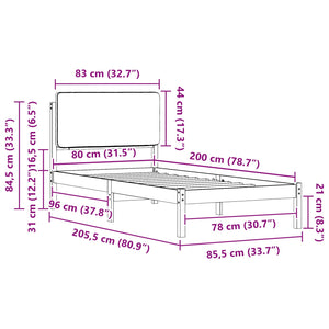 Sängram med Klädd Huvudgavel Ljusgrå 80 x 200 cm Massiv furu