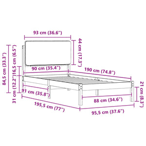 Sängram med Klädd Huvudgavel Ljusgrå 90 x 190 cm Massiv furu