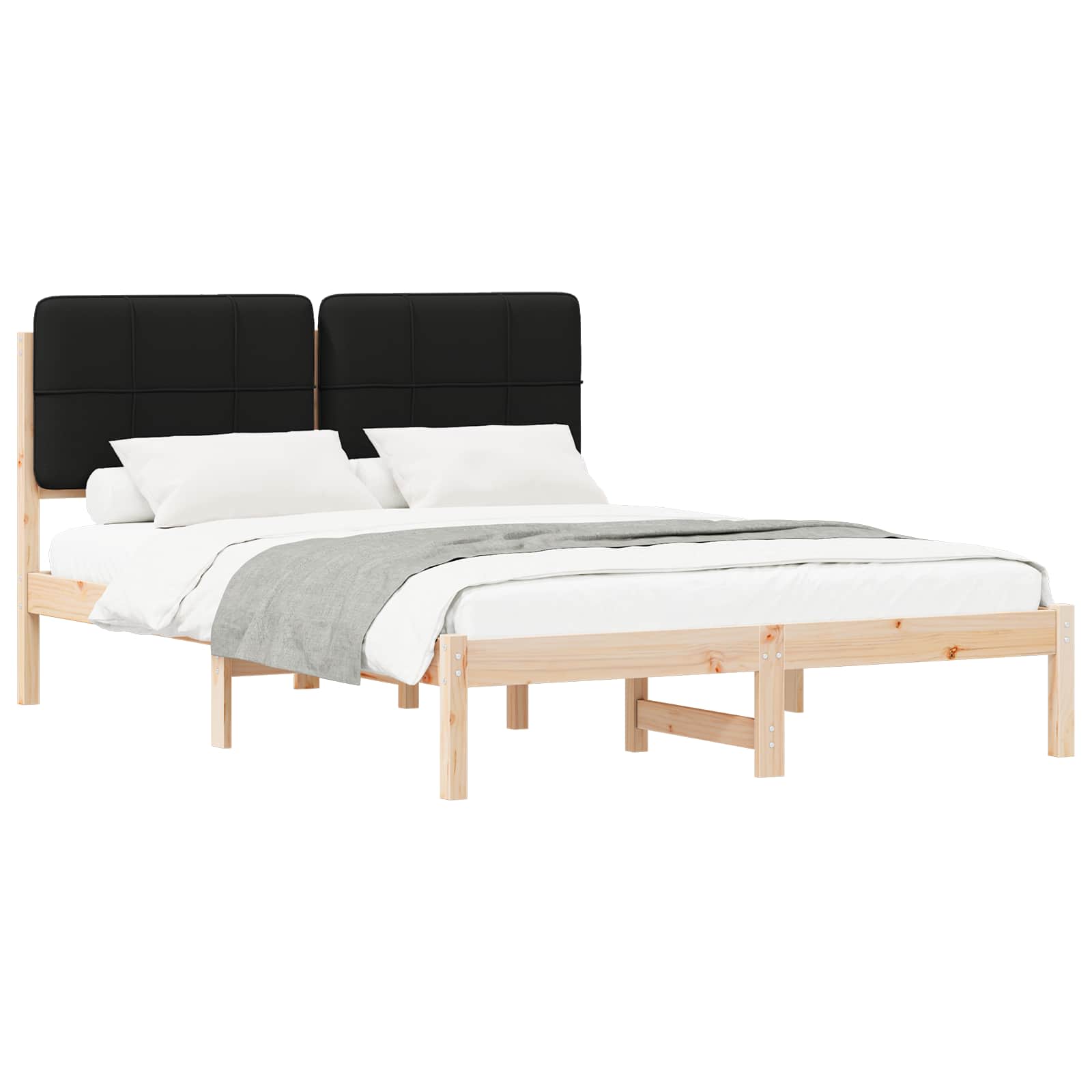 Sängram med Klädd Huvudgavel Svart 150 x 200 cm Massiv furu