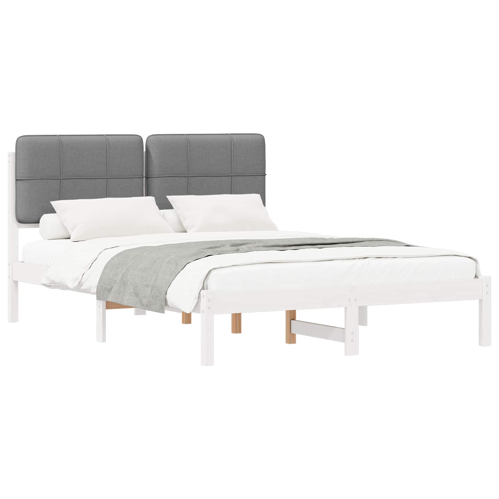Sängram med Klädd Huvudgavel Ljusgrå 135 x 190 cm Massiv furu