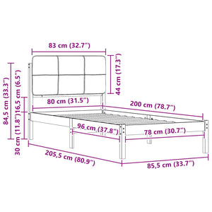 Sängram med Klädd Huvudgavel Ljusgrå 80 x 200 cm Massiv furu
