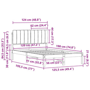 Sängram med Klädd Huvudgavel Ljusgrå 120 x 190 cm Massiv furu