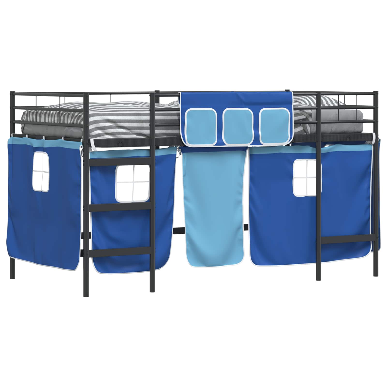 Barns LOFT SÄNG RAM med Gardiner Svart och blå 90 x 200 cm