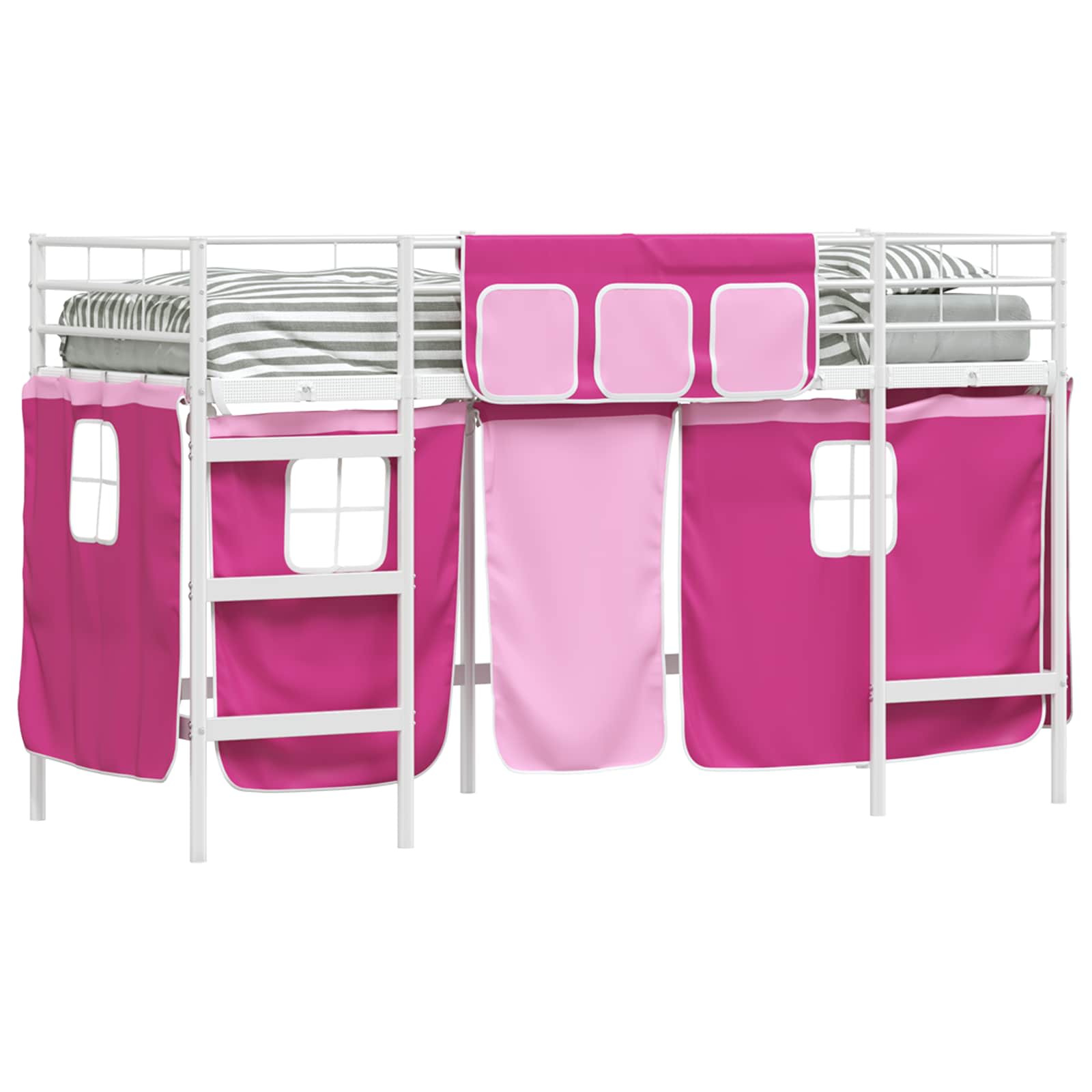Barns LOFT SÄNG RAM med Gardiner Vit och Rosa 75 x 190 cm