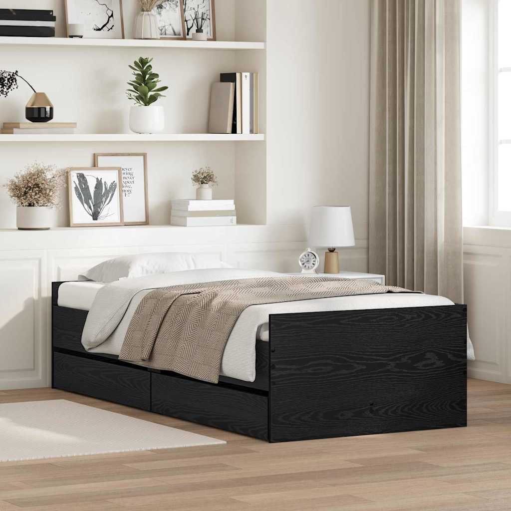 Sängram med låda med lagring Svart Ek 100 x 200 cm Massiv furu