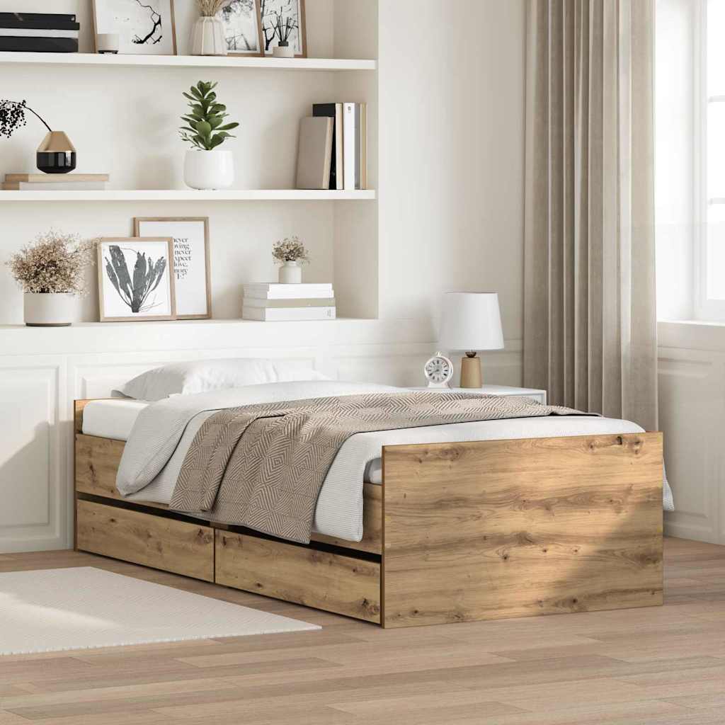 Sängram med låda med lagring Artisan Ek 90 x 190 cm Massiv furu