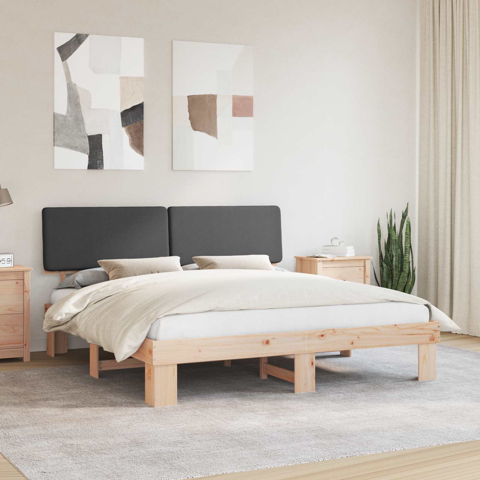 Sängram med Klädd Huvudgavel Mörkgrå 200 x 200 cm Massiv furu
