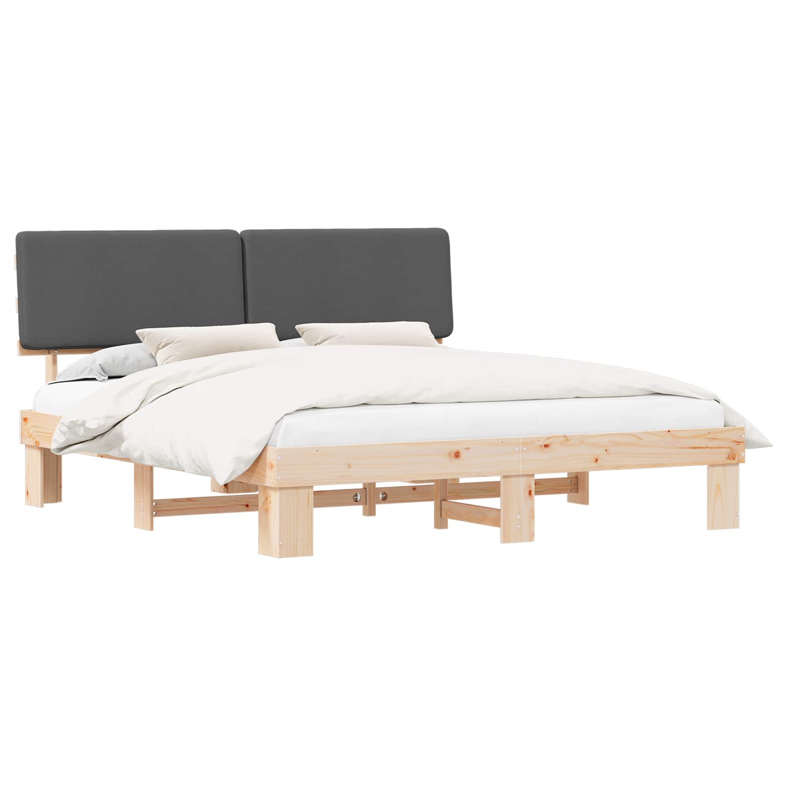 Sängram med Klädd Huvudgavel Mörkgrå 200 x 200 cm Massiv furu