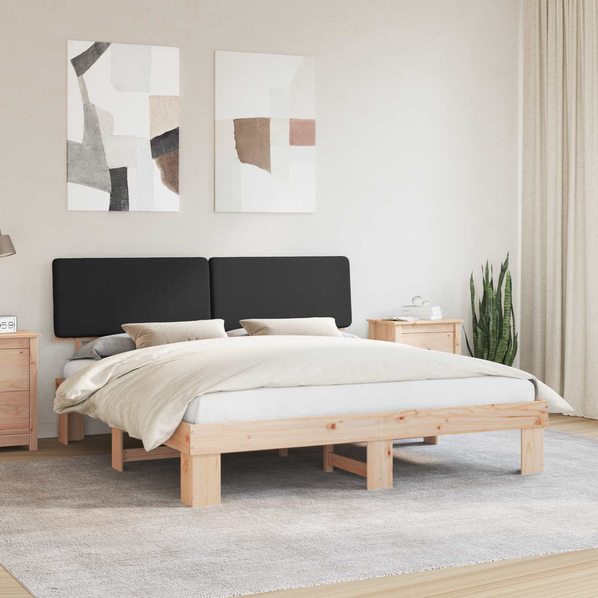 Sängram med Klädd Huvudgavel Svart 180 x 200 cm Massiv furu