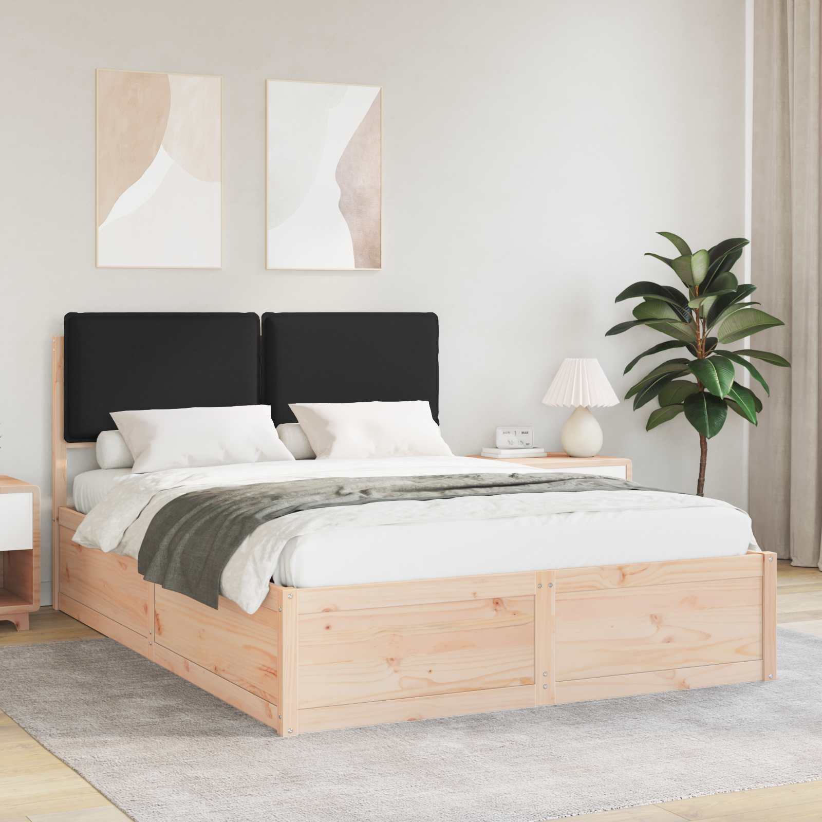 Sängram med Klädd Huvudgavel Svart 135 x 190 cm Massiv furu