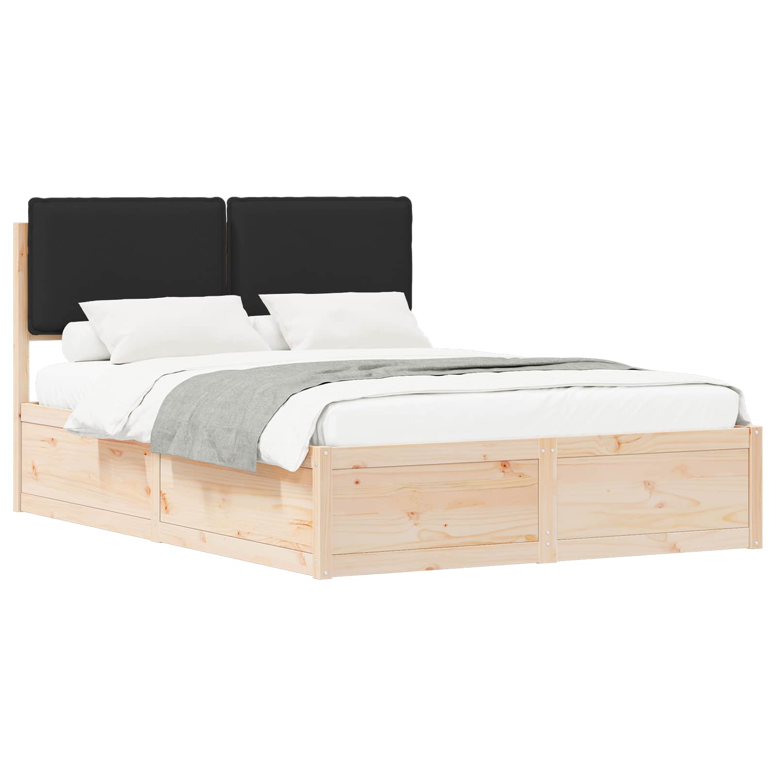Sängram med Klädd Huvudgavel Svart 135 x 190 cm Massiv furu