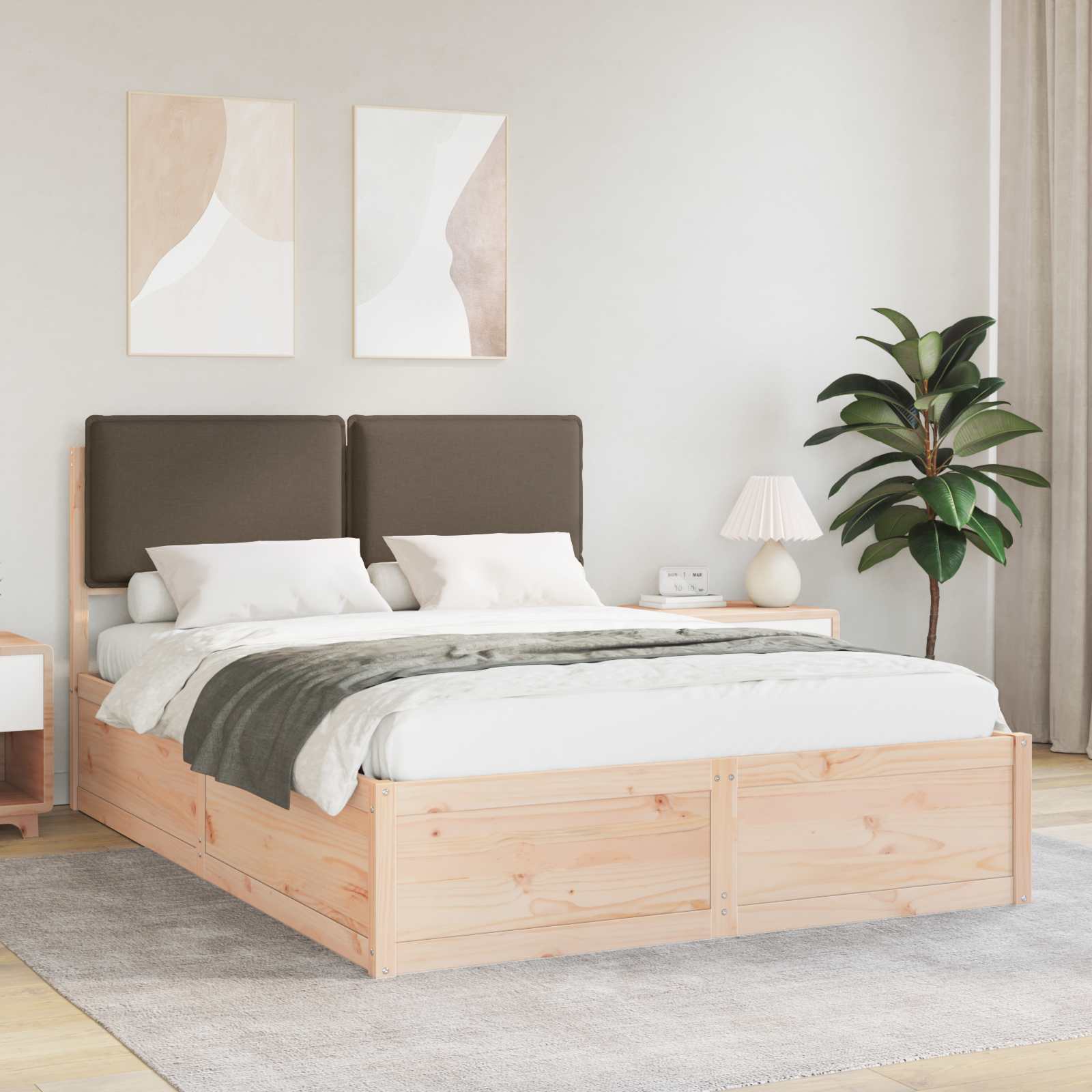 Sängram med Klädd Huvudgavel Taupe 135 x 190 cm Massiv furu