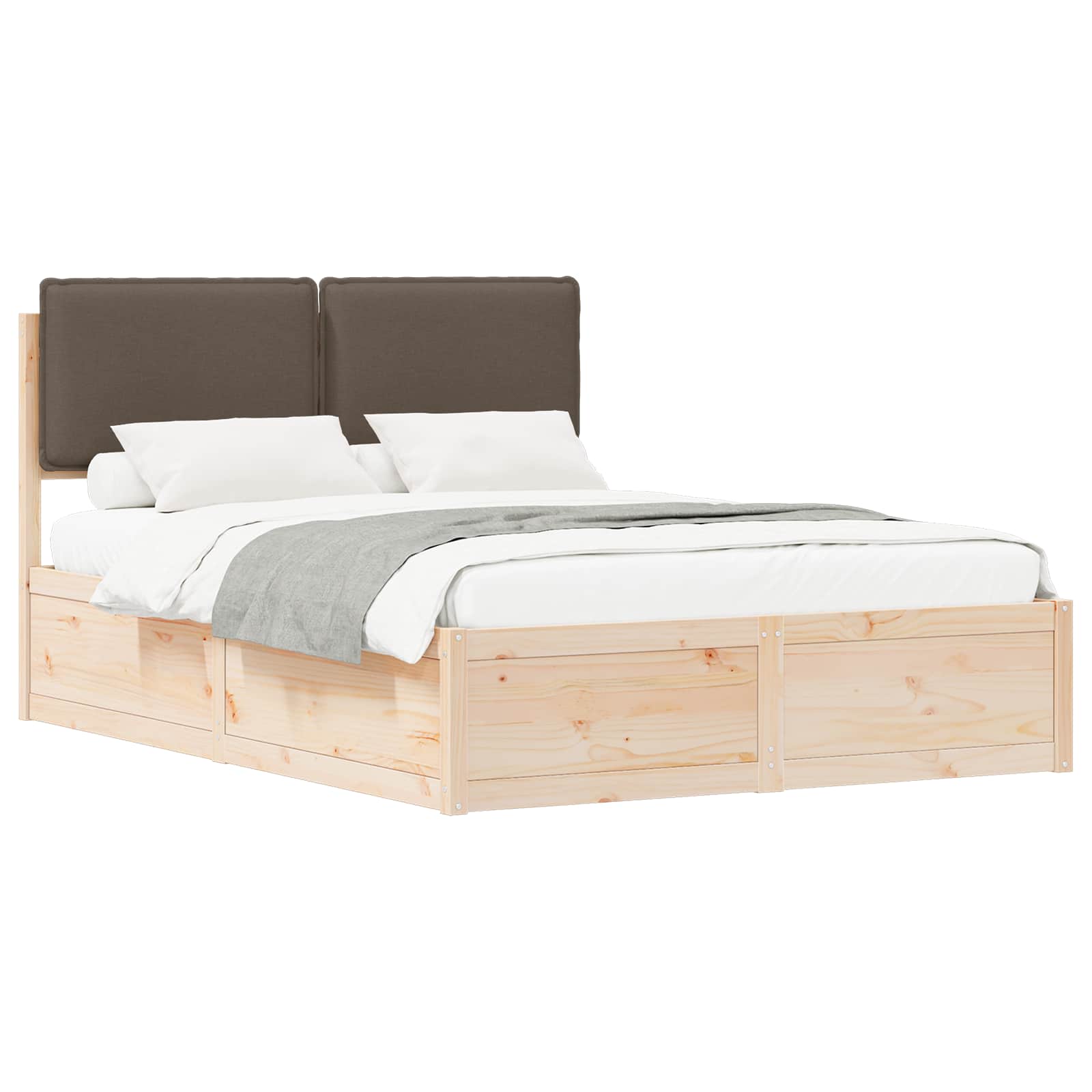 Sängram med Klädd Huvudgavel Taupe 135 x 190 cm Massiv furu
