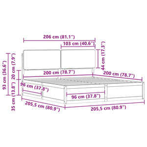 Sängram med Klädd Huvudgavel Svart 200 x 200 cm Massiv furu