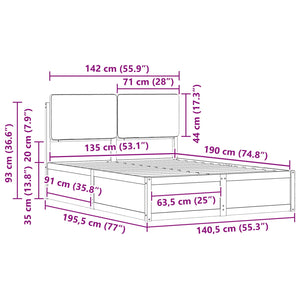 Sängram med Klädd Huvudgavel Taupe 135 x 190 cm Massiv furu