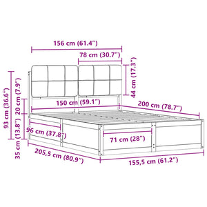 Sängram med Klädd Huvudgavel Ljusgrå 150 x 200 cm Massiv furu